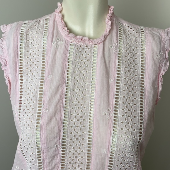 Topshop Pink Eyelet Broderie Striped Ruffle Top High Neck Size 6 - Picture 3 of 11